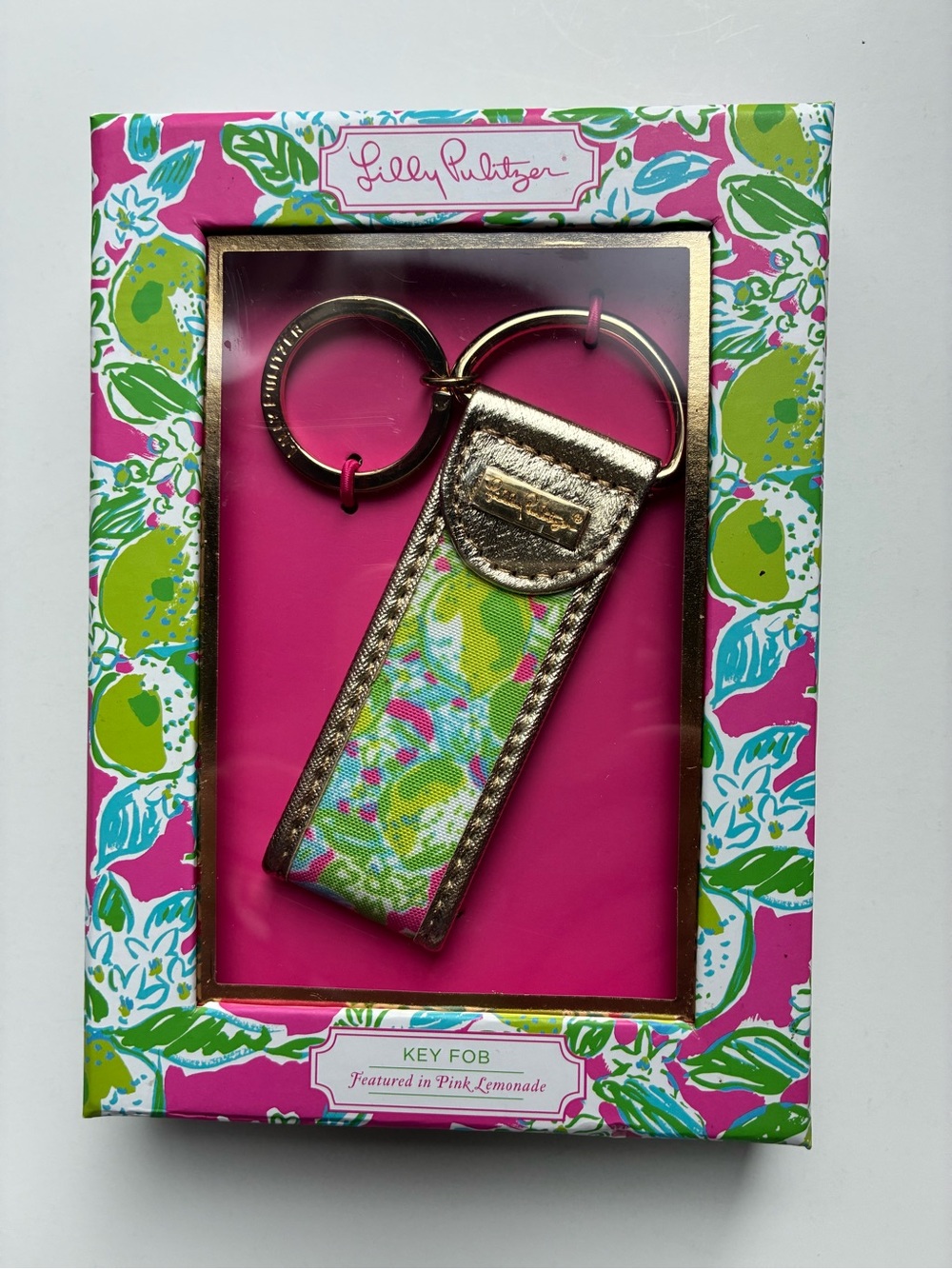 Lilly Pulitzer Pink Lemonade Floral Key Fob with Gold Trim NWT Gift Ready